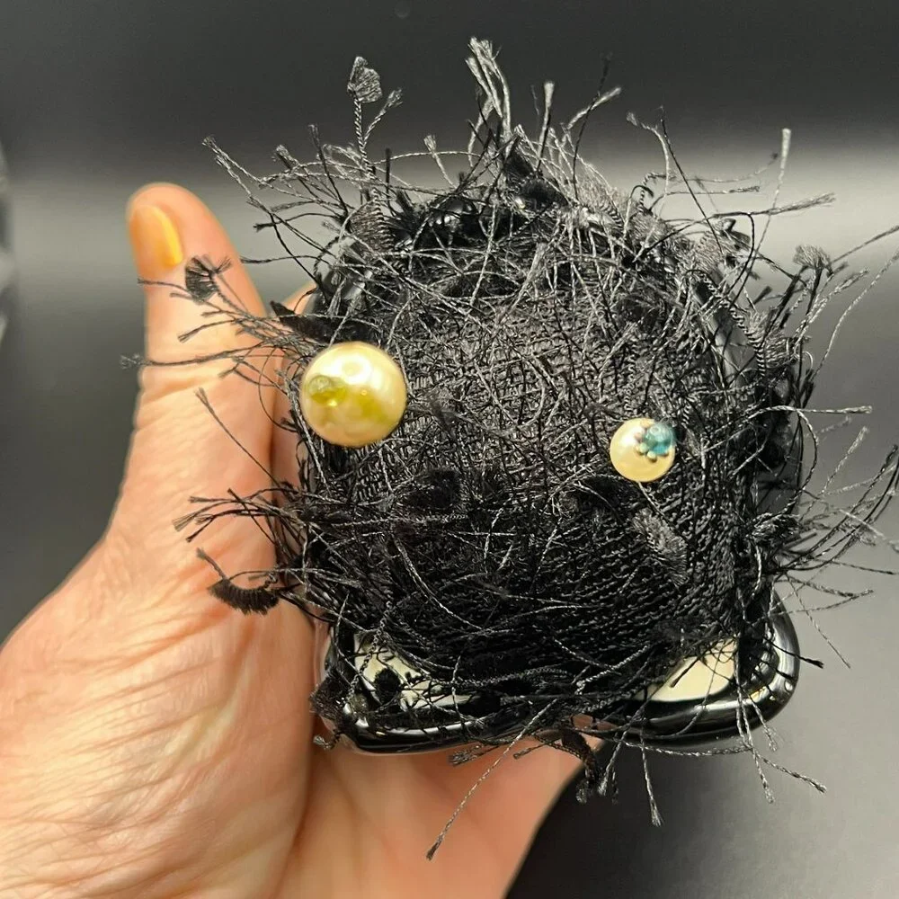 Ceramic Fierce Black Cat Pin‎ Cushion ~ Planter Pot Upcycled ~ Fun!